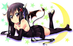 Rule 34 | 1girl, alternate costume, bad id, bad pixiv id, black hair, black thighhighs, blush, breasts, elbow gloves, gloves, hair ribbon, horns, k-on!, kurou (quadruple zero), long hair, lying, nakano azusa, on stomach, red eyes, ribbon, smile, solo, tail, thighhighs, twintails, wings