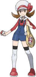 Rule 34 | 1girl, bag, blue overalls, bow, brown eyes, brown hair, cabbie hat, closed mouth, creatures (company), eyelashes, full body, game freak, hand up, hat, hat ribbon, highres, holding, holding poke ball, holding strap, knees, long hair, lyra (pokemon), nintendo, official art, overalls, pigeon-toed, poke ball, poke ball (basic), pokegear, pokemon, pokemon hgss, red bow, red footwear, red ribbon, red shirt, ribbon, shirt, shoes, smile, solo, standing, sugimori ken, thighhighs, transparent background, twintails, white hat, white thighhighs, yellow bag
