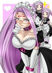 Rule 34 | 3girls, alternate costume, apron, bespectacled, breasts, chibi, chibi inset, choker, cleavage, collar, dress, elbow gloves, enmaided, euryale (fate), fate/hollow ataraxia, fate/stay night, fate (series), glasses, gloves, large breasts, light purple hair, long dress, long hair, long skirt, looking at viewer, maid, maid headdress, medusa (fate), medusa (rider) (fate), multiple girls, pink collar, purple eyes, siblings, sisters, skirt, solo focus, square pupils, stheno (fate), symbol-shaped pupils, twins, v arms, very long hair, vixagri, waist apron, white gloves