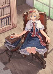 Rule 34 | 1girl, alice margatroid, armchair, bad id, bad pixiv id, blue dress, blue eyes, book, book stack, bookshelf, boots, brown footwear, brown hair, capelet, chair, closed mouth, commentary request, cross-laced footwear, cup, dress, eyebrows hidden by hair, frilled dress, frilled hairband, frills, hair between eyes, hairband, holding, holding cup, indoors, knee boots, lace-up boots, on chair, ookashippo, red hairband, smile, solo, table, tea, teacup, touhou, white capelet, window, wooden floor