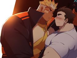 Rule 34 | 2boys, :o, bandaid, bandaid on cheek, bandaid on face, bara, blush, dark-skinned male, dark skin, dog tags, eye contact, facial hair, flustered, goatee, highres, imminent kiss, interracial, jacket, kabedon, large pectorals, leoandaslan (leobongnana), looking at another, male focus, mature male, multicolored hair, multiple boys, muscular, muscular male, orange hair, orange jacket, pectorals, protagonist 3 (housamo), red eyes, short hair, sideburns, stubble, thick arms, thick eyebrows, tokyo houkago summoners, two-tone hair, ulaanbaatar (housamo), white hair, yaoi
