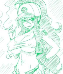Rule 34 | 10s, 1girl, :q, bare shoulders, breasts, cigarette, cleavage, collarbone, covered erect nipples, creatures (company), female focus, game freak, groin, hand on own hip, hat, hilda (pokemon), konno tohiro, large breasts, licking lips, long hair, looking at viewer, midriff, monochrome, naughty face, navel, navel piercing, nintendo, piercing, pokemon, pokemon bw, smile, smoking, solo, tattoo, tongue, tongue out, unbuttoned, underboob, very long hair, vest, wristband