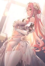 Rule 34 | 1girl, bare shoulders, breasts, commentary request, elbow gloves, garter belt, garter straps, gloves, green eyes, hair ornament, large breasts, long hair, navel, original, own hands together, panties, parted lips, pink hair, rianastia flugel, riichu, see-through, smile, solo, sunlight, thighhighs, thighs, underwear, veil, white garter belt, white garter straps, white gloves, white panties, white thighhighs