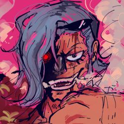 Rule 34 | 1boy, blue hair, close-up, commentary, cyborg, english commentary, eyelashes, eyewear on head, franky (one piece), hair down, highres, looking at viewer, male focus, one piece, pink background, simple background, smile, smoke, solo, wigglesthetuff