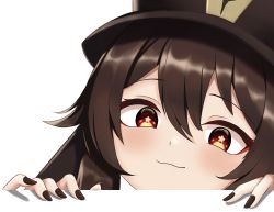 Rule 34 | 1girl, absurdres, black hat, black nails, blush, brown hair, closed mouth, fingernails, genshin impact, hair between eyes, hat, highres, hu tao (genshin impact), long sleeves, looking at viewer, nail polish, portrait, red eyes, simple background, smile, solo, symbol-shaped pupils, white background, xingkong