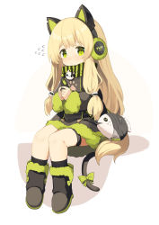 Rule 34 | 1girl, animal ear headphones, animal ears, bag, black coat, black footwear, black socks, blonde hair, boots, bow, buttons, cat ear headphones, cat ears, cat tail, closed mouth, coat, commentary request, fake animal ears, fingers together, flying sweatdrops, full body, fur-trimmed boots, fur-trimmed coat, fur-trimmed sleeves, fur trim, girls&#039; frontline, green bow, green eyes, green scarf, hair tie, hands up, headphones, highres, knee boots, kneehighs, long sleeves, looking at viewer, own hands together, paw print, scarf, sh (shinh), shoulder bag, sidelocks, simple background, sitting, socks, solo, striped clothes, striped scarf, tail, tail bow, tail ornament, tareme, thigh strap, tmp (girls&#039; frontline), vertical-striped clothes, vertical-striped scarf, white background