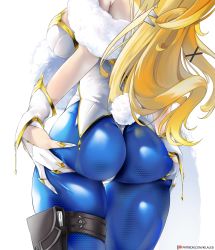 Rule 34 | 1girl, artoria pendragon (all), artoria pendragon (fate), artoria pendragon (lancer) (fate), artoria pendragon (swimsuit ruler) (fate), ass, ass focus, ass grab, back, belt, blonde hair, blue pantyhose, breasts, detached collar, fake tail, fate/grand order, fate (series), female focus, fishnet pantyhose, fishnets, from behind, highleg, highleg leotard, highres, kilalesi, large breasts, leotard, long hair, pants, pantyhose, playboy bunny, ponytail, rabbit tail, shiny clothes, shiny skin, sideboob, simple background, skindentation, solo, tail, thigh gap, thigh strap, wedgie, white background, white leotard, wrist cuffs