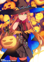 Rule 34 | 1girl, amiami (company), amico, black gloves, black hat, black skirt, black thighhighs, bow, bowtie, elbow gloves, floral print, gloves, green eyes, hair between eyes, hair ornament, halloween, hat, hat ornament, highres, holding, index finger raised, jack-o&#039;-lantern, long hair, looking at viewer, official art, orange hair, pleated skirt, pumpkin, red bow, red bowtie, skirt, sleeveless, smile, solo, thighhighs, very long hair, witch hat, yumekui