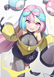 1girl :d absurdres bare_shoulders blush breasts commentary_request creatures_(company) eyelashes game_freak green_hair grey_pantyhose grey_shirt highres iono_(pokemon) jacket kaminari_(edeath) long_hair long_sleeves looking_at_viewer medium_breasts multicolored_hair nintendo open_mouth pantyhose pink_hair pokemon pokemon_sv purple_eyes shirt single_leg_pantyhose sleeveless sleeveless_shirt sleeves_past_fingers sleeves_past_wrists smile solo star_(symbol) star_print teeth thigh_strap two-tone_hair upper_teeth_only white_background yellow_jacket