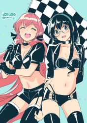Rule 34 | 2girls, :d, ^ ^, akashi (kancolle), alternate costume, aqua background, arms behind back, black choker, black gloves, black hair, black legwear, black ribbon, black shorts, breasts, checkered flag, choker, cleavage, closed eyes, commentary request, confetti, contrapposto, cowboy shot, crop top, facing viewer, flag, garter straps, glasses, gloves, green eyes, green hairband, hair ribbon, hairband, head tilt, highres, holding, holding flag, kantai collection, long hair, long sleeves, looking at viewer, multiple girls, nacht (nacht 01), navel, ooyodo (kancolle), open mouth, pink hair, race queen, ribbon, short shorts, short sleeves, shorts, sidelocks, simple background, sketch, small breasts, smile, stomach, thighhighs, tress ribbon, twitter username, very long hair