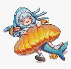 Rule 34 | 1girl, absurdres, animal costume, animal hood, bloop (gawr gura), blue hair, blue hoodie, blush, chinese commentary, closed eyes, commentary request, creature, drooling, ebi-chan (gawr gura), fins, fish tail, food, full body, gawr gura, gawr gura (1st costume), gradient sleeves, grey hair, highres, hololive, hololive english, hood, hood up, hoodie, long sleeves, maomao dashi, medium hair, mouth drool, multicolored hair, oversized food, oversized object, polearm, shark costume, shark girl, shark hood, shark tail, sharp teeth, shoes, sneakers, streaked hair, sushi, tail, teeth, trident, upper teeth only, virtual youtuber, weapon, white footwear