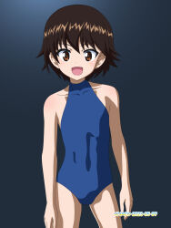 Rule 34 | 1girl, blue one-piece swimsuit, blush, breasts, brown eyes, brown hair, girls und panzer, highres, isobe noriko, looking at viewer, naotosi, one-piece swimsuit, open mouth, short hair, small breasts, smile, solo, swimsuit