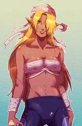 Rule 34 | 1girl, bandages, blonde hair, goldcoin, highres, long hair, navel, nintendo, pointy ears, red eyes, sheik, solo, the legend of zelda, the legend of zelda: ocarina of time