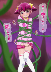 Rule 34 | 1girl, blush, clenched teeth, crying, highres, hoshizora miyuki, jacket, looking at viewer, miniskirt, pink eyes, pink hair, pink jacket, pink skirt, plant, precure, restrained, shaking, skirt, smile precure!, speech bubble, teeth, thighhighs, thorns, tiler (tiler00), vines, white thighhighs