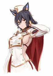 Rule 34 | 1girl, animal ears, arm up, armor, armpits, black hair, breasts, buttons, cape, closed mouth, detached sleeves, double-breasted, garrison cap, granblue fantasy, hair between eyes, hand in own hair, hat, highres, ilsa34660285, long hair, long sleeves, looking at viewer, medium breasts, midriff, military, military uniform, no bra, pak ce, pauldrons, red cape, red eyes, serious, shoulder armor, sideboob, simple background, sketch, solo, tsurime, uniform, upper body, white background, white hat