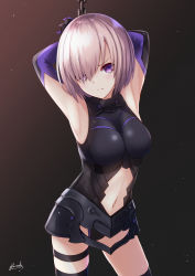 Rule 34 | 1girl, absurdres, arm behind head, armored leotard, armpits, bee doushi, black leotard, black thighhighs, breasts, chain, clothing cutout, cowboy shot, elbow gloves, fate/grand order, fate (series), gloves, highres, leotard, looking at viewer, mash kyrielight, medium breasts, midriff, navel, navel cutout, purple eyes, restrained, short hair, silver hair, solo, standing, stomach, thigh strap, thighhighs
