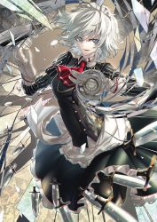 Rule 34 | 1girl, adapted costume, apron, ascot, black shirt, black skirt, black vest, blue eyes, braid, broken glass, clock, floating, floating object, floating weapon, glass, gloves, grey hair, hand up, highres, izayoi sakuya, knife, long sleeves, looking at viewer, maid headdress, parted lips, red ascot, shirt, shukusuri, side braids, skirt, smile, solo, striped clothes, striped shirt, time stop, touhou, vest, waist apron, white apron, white gloves