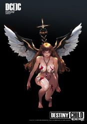 Rule 34 | 1girl, absurdres, arms at sides, between breasts, black background, blunt bangs, breasts, brown hair, cleavage, clenched hand, collarbone, commentary, company name, copyright name, copyright notice, dated, destiny child, feathered wings, fingernails, full body, gem, gradient background, groin, highres, jewelry, large breasts, long fingernails, long hair, looking at viewer, necklace, nirrti (destiny child), original, parted lips, pink lips, purple eyes, slit pupils, solo, spread wings, squatting, sword, teeth, toenails, toes, weapon, weapon on back, white wings, wings, wonbin lee