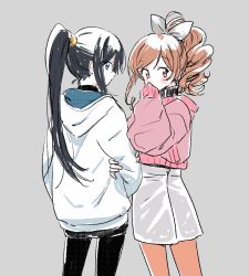 Rule 34 | 2girls, black hair, black pants, black sweater, blue eyes, blush, bow, brown eyes, brown hair, commentary, covering own mouth, cowboy shot, fashion, from behind, grey background, grey bow, hair bow, hananoi rena, hand over own mouth, highres, hood, hoodie, jacket, locked arms, long hair, looking at viewer, looking back, miniskirt, miyama suzune, mokeo, multiple girls, orange legwear, pants, pantyhose, pencil skirt, pink jacket, ponytail, selection project, serious, sidelocks, sideways glance, simple background, sketch, skirt, sweater, turtleneck, turtleneck sweater, wavy hair, white hoodie, white skirt
