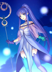 Rule 34 | 1girl, :d, bare shoulders, blue eyes, medea (fate), medea (lily) (fate), choker, collarbone, fate/grand order, fate (series), fuyuki (neigedhiver), gloves, highres, lights, long hair, looking at viewer, open mouth, purple hair, smile, solo, staff, star (symbol), thighhighs, very long hair, zettai ryouiki