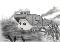 Rule 34 | 5boys, absurdres, backpack, bag, barbed wire, bare tree, bayonet, boots, commentary request, day, greyscale, guinea pig, gun, helmet, highres, holding, holding gun, holding weapon, jacket, mark iv tank, military, combat helmet, military uniform, military vehicle, monochrome, motor vehicle, multiple boys, outdoors, pants, pui pui molcar, rifle, sandbag, shell casing, smoke, stahlhelm, tank, tears, tree, trench, twitter username, uniform, vehicle request, war, weapon, world war i, yontouhei2019