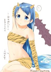 Rule 34 | ..., 1girl, alternate costume, animal print, armpits, artist name, bandeau, bare legs, bare shoulders, bikini, blue eyes, blue hair, blush, breasts, club (weapon), collarbone, commentary request, elbow gloves, gloves, horns, kantai collection, long hair, looking at viewer, mae (maesanpicture), navel, oni horns, samidare (kancolle), setsubun, sidelocks, simple background, sitting, small breasts, solo, stomach, strapless, strapless bikini, swept bangs, swimsuit, tiger print, translation request, very long hair, weapon, white background