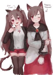 Rule 34 | 2girls, black dress, black jacket, black legwear, blouse, breasts, brooch, brown hair, cat girl, commentary, dress, elon musk, english commentary, frilled sleeves, frills, hand on own chest, head tilt, highres, himuhino, imaizumi kagerou, jacket, jewelry, long hair, long sleeves, medium breasts, multicolored clothes, multicolored dress, multiple girls, one eye closed, open clothes, open jacket, open mouth, original, red dress, red eyes, red shorts, shirt, short shorts, shorts, simple background, t-shirt, thighhighs, touhou, v-shaped eyebrows, very long hair, werewolf, white background, white dress, white shirt, wide sleeves, wolf girl