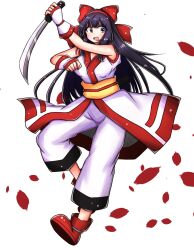 Rule 34 | 1girl, ainu clothes, breasts, fingerless gloves, gloves, grey eyes, hair ribbon, highres, large breasts, legs, nakoruru, open mouth, pants, purple hair, ribbon, samurai spirits, smile, snk, solo, thighs, weapon