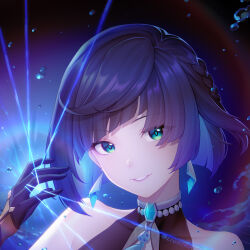Rule 34 | 1girl, aqua eyes, bare shoulders, black gloves, blue hair, blunt bangs, commentary request, dice, earrings, genshin impact, gloves, grin, hand up, jewelry, lightria, looking at viewer, pink lips, portrait, short hair, smile, solo, yelan (genshin impact)