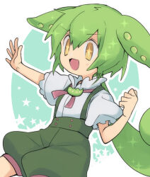 Rule 34 | + +, 1girl, :d, blue background, blush, commentary request, cowboy shot, flat chest, frilled sleeves, frills, green hair, green shorts, green suspenders, hair between eyes, long hair, nahori (hotbeans), open mouth, outline, personification, puffy short sleeves, puffy sleeves, shirt, short sleeves, shorts, smile, solo, sparkle, star (symbol), suspenders, two-tone background, voicevox, white background, white outline, white shirt, yellow eyes, zundamon
