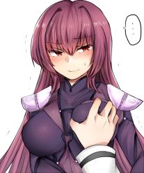 Rule 34 | 1girl, armor, blush, bodysuit, grabbing another&#039;s breast, breasts, commentary request, fate/grand order, fate (series), grabbing, jirou (tamaho39), large breasts, long hair, looking at viewer, out of frame, pauldrons, polearm, pov, pov hands, purple bodysuit, purple hair, red eyes, revision, scathach (fate), shoulder armor, simple background, smile, solo focus, sweat, trembling, weapon, white background