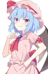 Rule 34 | 1girl, ascot, bat wings, blue hair, blush, brooch, closed mouth, dress, e.o., fang, frills, hair between eyes, hand up, hat, hat ribbon, highres, jewelry, looking at viewer, mob cap, pink dress, pink hat, pink shorts, pink skirt, puffy short sleeves, puffy sleeves, red ascot, red eyes, red ribbon, remilia scarlet, ribbon, short hair, short sleeves, shorts, simple background, skirt, smile, smug, solo, touhou, upper body, white background, wings