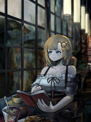 Rule 34 | absurdres, bare shoulders, blonde hair, blue eyes, blurry, book, brick wall, cellphone, collarbone, cup, depth of field, disposable coffee cup, disposable cup, food, hair ornament, highres, hololive, hololive english, ice cream, interior, phone, plate, rain, reading, reflection, smartphone, smile, solo, sprinkles, virtual youtuber, vyragami, watson amelia, watson amelia (street casual), window, zipper
