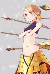 Rule 34 | 1girl, :&lt;, abigail williams (fate), abigail williams (second ascension) (fate), armor, bare shoulders, blonde hair, braid, breasts, chain, cosplay, crossed arms, earrings, enkidu (weapon) (fate), fate/grand order, fate/stay night, fate (series), gilgamesh (fate), gilgamesh (fate) (cosplay), groin, highres, jewelry, keyhole, kopaka (karda nui), lowleg, navel, red eyes, short hair with long locks, solo
