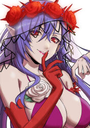 Rule 34 | 1girl, absurdres, azusamaru, blue hair, breasts, cleavage, dress, flower, gloves, highres, large breasts, lipstick, long hair, looking at viewer, makeup, maria traydor, pointy ears, red eyes, red flower, red rose, rose, simple background, single glove, smile, solo, star ocean, star ocean anamnesis, star ocean till the end of time, thorns, vampire, white background