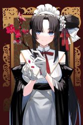 Rule 34 | 1girl, black hair, blue eyes, branch, detached sleeves, fate/grand order, fate (series), gloves, holding, holding branch, looking at viewer, o mochi (usami31mi), side ponytail, solo, ushiwakamaru (fate), white gloves