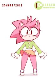 Rule 34 | 1girl, amy rose, animal ears, animated, animated gif, arms up, artist name, black eyes, blinking, blush, cleft of venus, closed mouth, dated, diives, english text, female focus, flat chest, full body, furry, furry female, gloves, gluteal fold, green sweater, happy, heart, highres, jumping, legs apart, long sleeves, looking at viewer, miniskirt, no panties, open mouth, orange skirt, outstretched arms, patreon logo, patreon username, pink hair, pussy, shoes, simple background, skirt, smile, solo, sonic (series), sweater, tail, uncensored, upskirt, watermark, white background, white gloves