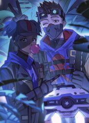 Rule 34 | 1boy, 1girl, absurdres, animification, apex legends, black gloves, black jacket, black shirt, blue hair, blue hoodie, blurry, blurry foreground, brown eyes, brown hair, bunny ears prank, chewing gum, d.o.c. health drone, dark-skinned female, dark skin, earrings, gloves, goggles, goggles on head, hair behind ear, heist fashion octane, highres, hood, hood down, hoodie, hoop earrings, jacket, jewelry, lifeline (apex legends), looking at viewer, mask, mischief medic lifeline, mouth mask, non-humanoid robot, octane (apex legends), official alternate costume, one eye closed, plant, robot, shirt, smile, t.t.t, twintails, v
