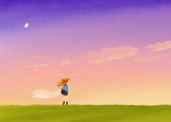 Rule 34 | 1girl, black skirt, black socks, blue jacket, cloud, commentary request, facing away, floating hair, from behind, gibbous moon, grass, hair ribbon, holding cloth, jacket, kanon, kneehighs, long sleeves, moon, multicolored sky, orange hair, outdoors, pink sky, pleated skirt, purple sky, red ribbon, ribbon, sawatari makoto, scenery, sidelighting, skirt, sky, socks, solo, standing, taira (tiririrt), twilight, two side up, wide shot, wind, wind lift