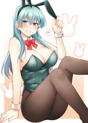 Rule 34 | 1girl, animal ears, aqua eyes, aqua hair, black pantyhose, blush, breasts, cleavage, commentary, detached collar, fake animal ears, gradient background, green leotard, hair between eyes, hair ornament, hairclip, heart, kantai collection, large breasts, leotard, long hair, open mouth, pantyhose, playboy bunny, rabbit ears, revision, rui shi (rayze ray), smile, solo, spoken heart, suzuya (kancolle), wrist cuffs