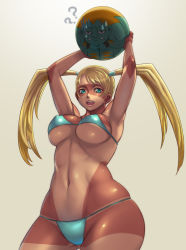 Rule 34 | 1990s (style), 1girl, :d, ?, aqua bikini, arm up, armpits, arms up, bad id, bad pixiv id, ball, beachball, bikini, blanka, blonde hair, blue eyes, breasts, capcom, covered erect nipples, cowboy shot, curvy, artistic error, fangs, hip focus, long hair, looking at viewer, no mask, one-piece tan, open mouth, rainbow mika, retro artstyle, sethxzoe, shiny skin, simple background, skindentation, smile, solo, street fighter, street fighter zero (series), string bikini, sweatdrop, swimsuit, tan, tanline, toned, twintails, underboob, wide hips, yellow background