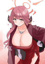 Rule 34 | 1girl, aru (blue archive), aru (dress) (blue archive), blue archive, blush, breasts, cleavage, demon girl, demon horns, dress, elbow gloves, gloves, halo, highres, horns, jacket, jacket on shoulders, jewelry, large breasts, leaning forward, long hair, necklace, official alternate costume, red dress, red hair, side slit, solo, sweat, translation request, white gloves, yuuichi (reductionblack)