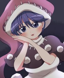 Rule 34 | 1girl, blue eyes, blue hair, blush, doremy sweet, dress, hair between eyes, hat, multicolored clothes, multicolored dress, nightcap, open mouth, pom pom (clothes), red hat, rokugou daisuke, short hair, signature, smile, solo, touhou, upper body