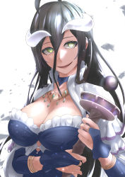 Rule 34 | 1girl, :d, ahoge, albedo (overlord), bad id, bad pixiv id, black hair, blue choker, breasts, bridal gauntlets, capelet, choker, cleavage, cosmicsnic, demon girl, eyelashes, gem, ginnungagap (overlord), green gemstone, highres, holding, horns, large breasts, long hair, long sleeves, looking at viewer, open mouth, overlord (maruyama), red gemstone, slit pupils, smile, solo, upper body, very long hair, white background, white capelet, yellow eyes