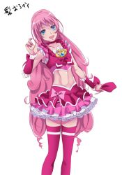Rule 34 | 10s, 1girl, alternate hairstyle, bad id, bad pixiv id, blue eyes, bow, brooch, choker, crop top, cure melody, frilled skirt, frills, hair down, houjou hibiki, jewelry, long hair, looking at viewer, midriff, nof, pink bow, pink hair, pink skirt, pink thighhighs, precure, skirt, smile, solo, suite precure, thighhighs, white background, wrist cuffs