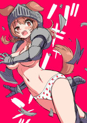 Rule 34 | 1girl, animal ears, armor, blush stickers, boots, breasts, broken armor, brown eyes, brown hair, dog ears, dog girl, dog tail, embarrassed, exploding clothes, fang, female focus, food print, fruit print, gameplay mechanics, greaves, helmet, highres, hololive, inugami korone, large breasts, leg up, legs, long hair, looking at viewer, makaimura, midriff, navel, neck, no bra, open mouth, panties, print panties, red background, sabaku chitai, simple background, solo, sound effects, standing, strawberry panties, strawberry print, surprised, sweat, sweatdrop, tail, thighs, underwear, vambraces, virtual youtuber