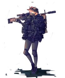 Rule 34 | 1girl, absurdres, ai arctic warfare, animal ear fluff, animal ears, artist name, black footwear, black gloves, black jacket, black shorts, blonde hair, bolt action, brown headwear, brown pantyhose, commentary, from side, full body, gloves, gun, highres, holding, holding gun, holding weapon, jacket, long sleeves, looking away, m03 (annowwwwwwwww), original, pantyhose, pantyhose under shorts, purple-tinted eyewear, rifle, shoes, short shorts, shorts, simple background, sniper rifle, solo, tinted eyewear, weapon, weapon request, white background