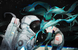 Rule 34 | 1girl, 1other, ambiguous gender, aqua hair, aqua necktie, arm tattoo, astronaut, bare shoulders, closed eyes, collared shirt, crack, cracked helmet, floating hair, forehead-to-forehead, from side, grey shirt, hatsune miku, heads together, helmet, highres, light smile, long hair, necktie, niutoutou, number tattoo, profile, shirt, sky, sleeveless, sleeveless shirt, space, space helmet, spacesuit, staff (music), star (sky), starry sky, tattoo, twintails, upper body, vocaloid, weibo logo, weibo username