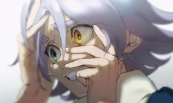 Rule 34 | 1boy, aqua eyes, blurry, clenched teeth, close-up, commentary, depth of field, fubuki shirou, grey hair, hair between eyes, hand in own hair, hand on own cheek, hand on own face, hand on own head, hands up, heterochromia, highres, inazuma eleven (series), looking ahead, male focus, omisotayan, portrait, scared, short hair, simple background, solo, teeth, white background, yellow eyes