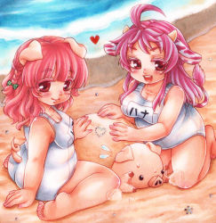 Rule 34 | 2girls, ahoge, animal ears, barefoot, beach, blush, braid, breasts, character name, cow ears, cow tail, from behind, full body, hair ribbon, hana (shira), heart, horns, large breasts, long hair, multiple girls, one-piece swimsuit, original, pig, pig ears, pig tail, pink eyes, pink hair, plump, ribbon, school swimsuit, shira (kunseitamago), sweat, swimsuit, tail, tonko (shira), white school swimsuit, white one-piece swimsuit